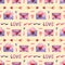 Seamless pattern with watercolor arrow, envelope, hearts, ribbon. Hand drawn illustration isolated on beige