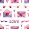 Seamless pattern with watercolor arrow, envelope, hearts, ribbon. Hand drawn illustration isolated on white