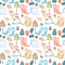 Seamless pattern with watercolor autumn objects warm hat and mittens, rubber boots, rain cloud, dry tree leaves and other