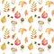 Seamless pattern of watercolor autumn tree leaves, ginkgo biloba leaves, rowan branches, acorns and white mushrooms