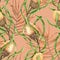 Seamless pattern of watercolor banksia and dried palm leaves. Hand drawn illustration. Exotic plants