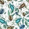 Seamless pattern with watercolor beetles ,branches and flowers