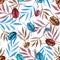 Seamless pattern with watercolor beetles and colorful branches