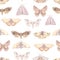 Seamless pattern with watercolor beige moth insect