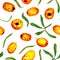 Seamless pattern of watercolor berries and green leaves of sea-buckthorn