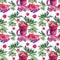 Seamless pattern watercolor berries smoothies cocktail, watermelon, leaves on white. Fresh summer food. Creative object