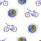 Seamless pattern of watercolor bicycle, planet Earth. Bright illustration isolated on white. Hand painted template