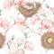 Seamless pattern of the watercolor bird nests on the tree branches with magnolia flowers, hand drawn on a white background