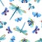 Seamless pattern with watercolor blue dragonflies, butterflies and moths