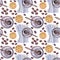 Seamless pattern watercolor blue saucer, coffee bean, cezve, cookies cracker, biscuit on white. Breakfast or lunch