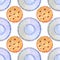 Seamless pattern watercolor blue saucer and cookies cracker with salt, biscuit on white background. Breakfast or lunch