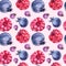 Seamless pattern watercolor blueberry, raspberry summer sweet food yogurt background. Aquarelle hand-drawn creative