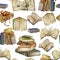 Seamless pattern with watercolor books set. Open books and stack of books. Education and knowledge concept. Isolated objects on wh