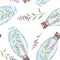 Seamless pattern with watercolor bottles with salvia flowers inside