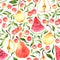 Seamless pattern with watercolor cherries, pears, watermelon