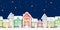 Seamless pattern Watercolor Christmas Night winter houses with wooden door, luminous windows, with snow on the roof