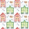 Seamless pattern Watercolor Christmas winter houses with white wooden door, luminous windows, with snow on the roof