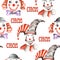 A seamless pattern with the watercolor circus elements: clowns and harlequins. Painted on a white background