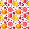 Seamless pattern watercolor citrus circle slice orange, grapefruit, apricot, red cherry and currant on white. Hand-drawn