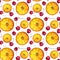 Seamless pattern watercolor citrus circle slice orange and red cherry on white. Hand-drawn summer sweet food fruit