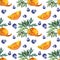 Seamless pattern watercolor citrus fruit of orange, blueberries, green leaves greenery on white. Hand-drawn fresh summer