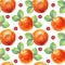 Seamless pattern watercolor citrus fruit orange tangerine, green leaves, red berry currant on white. Hand-drawn food for