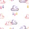 Seamless pattern with watercolor clouds and raindrops. Hand drawn illustration is isolated on white. Cute ornament