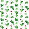 Seamless pattern with watercolor clover and ladybugs. Spring decor with green grass and bugs