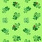 Seamless pattern with watercolor clover and ladybugs. Spring decor with green grass and bugs