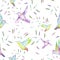 Seamless pattern of watercolor colibri and feathers