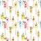 Seamless pattern with watercolor colorful birdhouses, cute birds and nests