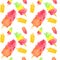 Seamless pattern with watercolor colorfull popsicles on white background