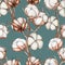 Seamless pattern of watercolor cotton flowers branches, hand drawn on a dark blue background