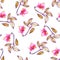 A seamless pattern with the watercolor crimson and scarlet small exotic flowers, hibiscus