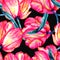 Seamless pattern with the watercolor crimson and scarlet tulips