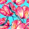 A seamless pattern with the watercolor crimson and scarlet tulips