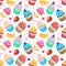 Seamless pattern with watercolor cupcakes.