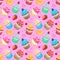 Seamless pattern with watercolor cupcakes.