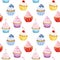 Seamless pattern with watercolor cupcakes isolated on white background. Hand drawn watercolor illustration