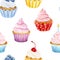 Seamless pattern with watercolor cupcakes isolated on white background. Hand drawn watercolor illustration