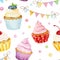 Seamless pattern with watercolor cupcakes isolated on white background. Hand drawn watercolor illustration