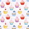 Seamless pattern with watercolor cupcakes on striped background.  Hand drawn watercolor illustration