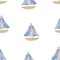 Seamless pattern from watercolor cute boats with blue sails on a white background.