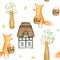 Seamless Pattern. Watercolor Cute and Funny Foxes Seamless Pattern