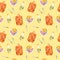 Seamless pattern with watercolor cutting board, olive oil, bacon, cheese, cutlery. Isolated on yellow hand drawn illustration