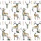 Seamless pattern with watercolor deer silhouettes, grass and forest plants