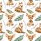 Seamless pattern with watercolor deers, baby deers and fern leaves