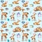 Seamless pattern with watercolor deers in Christmas hats, baby deers and gift boxes