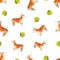 Seamless pattern with watercolor dog. Hand drawn illustration is isolated on white. Painted corgi