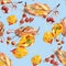 Seamless pattern of watercolor drawing set of autumn leaves and small ornamental paradise apples on a light blue background